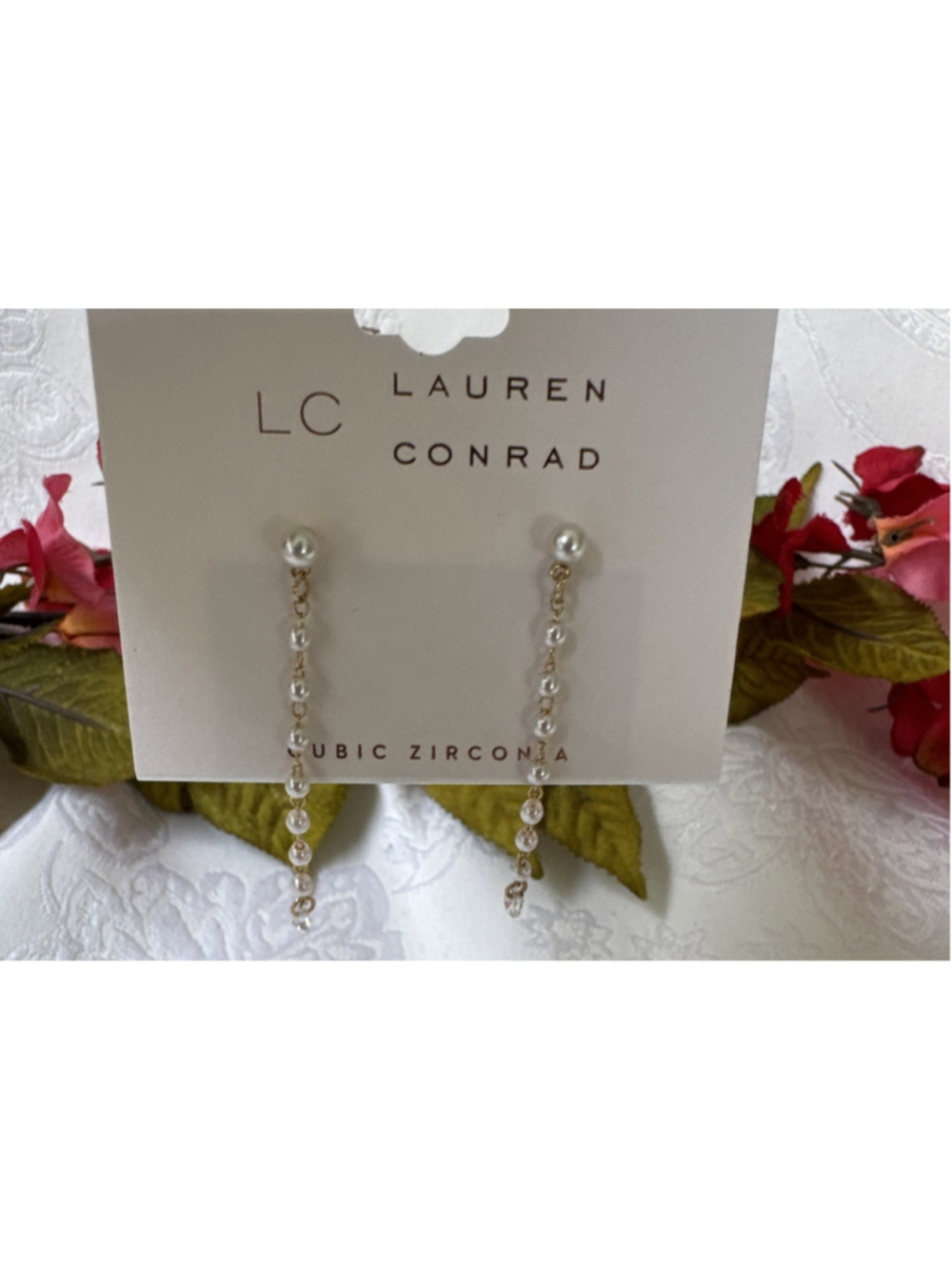 LC Lauren Conrad Dainty Thin Pearl Clear Bead 2" Earrings Dangle Gold Tone NEW